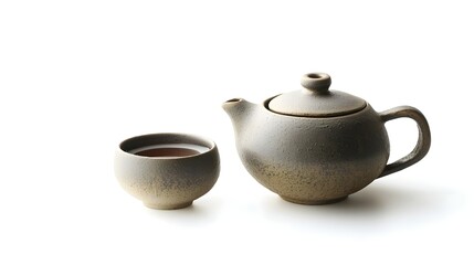 Elegant minimalist ceramic teapot and matching cup set isolated on a clean white background  Showcasing the simple modern design and natural textures of the handcrafted pottery
