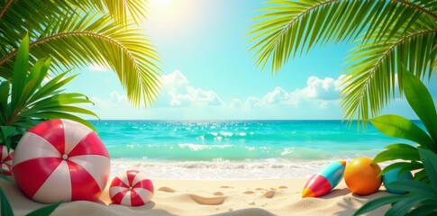A vibrant summer background with colorful beach elements and palm leaves, tropical, palm
