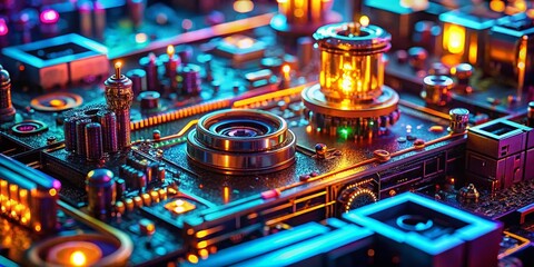 Retro Futuristic Macro Photography: Close-up of Glowing Circuitry and Mechanical Details