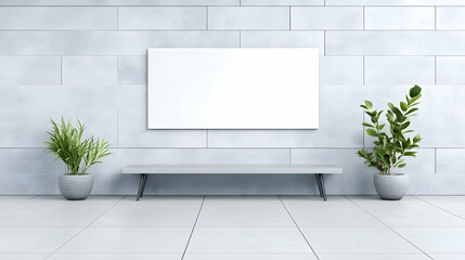 Blank canvas mockup on a modern wall with bench and plants