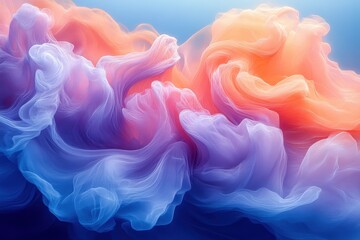 Obraz premium Soft Billows of Peach and Lavender Fabric Dance Gently Over an Electric Blue Background, Creating a Serene and Calming Visual Experience During Dusk