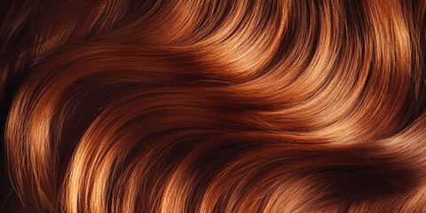 Close-up of auburn hair texture, showing smooth, wavy strands, representing beauty, health, and luxury, ideal for hair care or beauty concepts