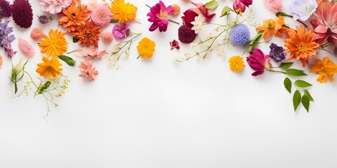 Flat lay of a blank white page surrounded by colorful flowers on the edges, against a white background. Flatlay photograph