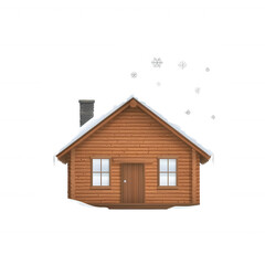 A cozy wooden house with snow falling gently from the sky, creating a serene winter landscape, perfect for capturing the essence of a warm and inviting home during the holidays.