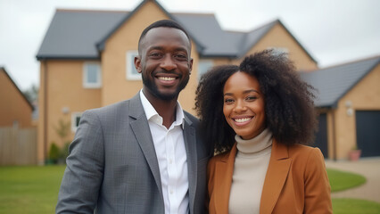 Happy homeowner couple with their house and copy space