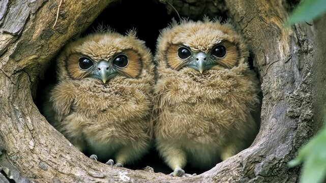 Two fluffy owlets gaze curiously from their nest during a sunny afternoon in a forest in spring