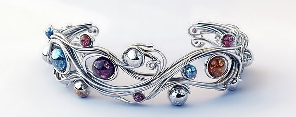 An intricate wrist cuff made of swirling silver tendrils holding floating gemstone spheres