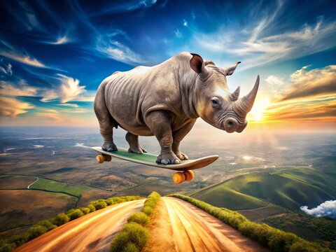 Rhino Soaring: Epic Candid Skyboard Adventure Stock Photo