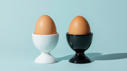 Eggs in White and Black Egg Cups on Blue Background