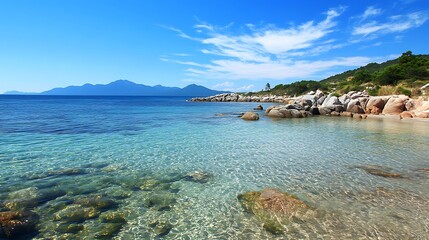 Serene Coastal Paradise: Crystal Clear Waters and Rocky Shores