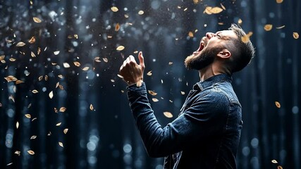 Victory Cry: A man, his face etched with exhilaration, yells with elation as golden confetti rains around him. A moment of pure joy and triumph captured in a captivating image.