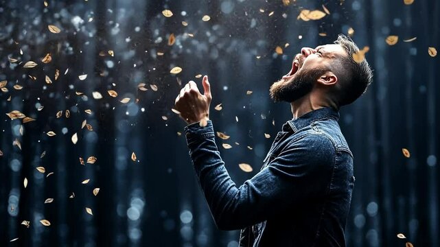 Victory Cry: A man, his face etched with exhilaration, yells with elation as golden confetti rains around him. A moment of pure joy and triumph captured in a captivating image.