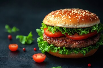 Savory hamburger featuring grilled beef, crisp lettuce, ripe tomato slices on sesame bun, garnished with cherry tomatoes against dark surface