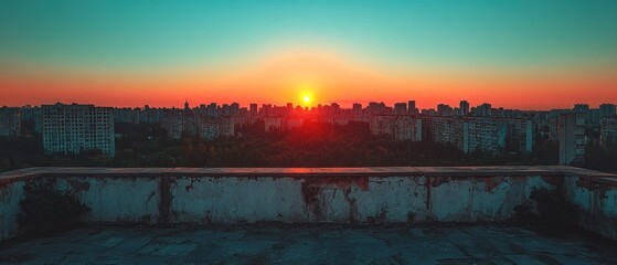 Fototapeta premium Cityscape Sunset: A Panoramic View from an Abandoned Rooftop