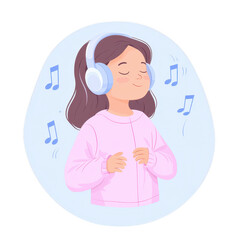 Obraz premium A happy girl with long hair wearing headphones, enjoying music with closed eyes. Musical notes float around her, conveying a sense of joy and relaxation.