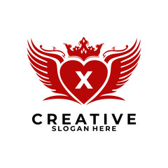Initial Identity love logo design. Letter X with wing, love, and Crown logo design vector template