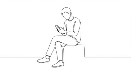 Minimalist Line Art: Person Engaged with Smartphone, Sitting in Contemplation