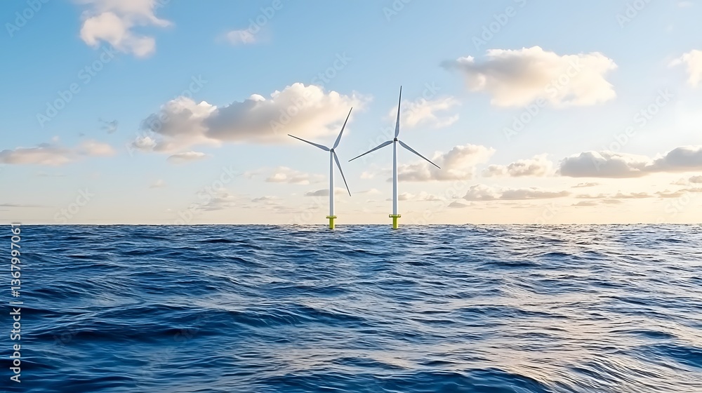 Poster futuristic floating solar and wind farm networks powering smart grid infrastructure with interactive