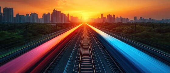 Obraz premium Sunset Cityscape: High-Speed Rail Tracks Towards the Horizon