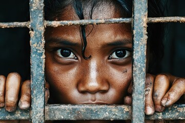 Young girl holding rusty bars, imprisonment and child labour concept