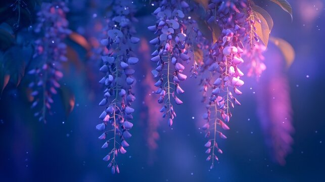 Twilight wisteria blossoms cascading in garden