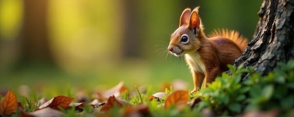 Obraz premium Playful red squirrel partially hidden, peeking inquisitively, mammal, closeup