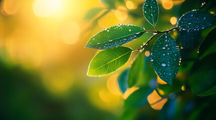Close-up of green leaves with dew drops, backlit by warm sunlight, creating a vibrant and fresh image, symbolizing nature's renewal and serenity, ideal for spring or environmental themes