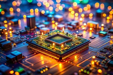 Obraz premium Romanian Tech: Close-up of an FPGA Chip, Double Exposure with Timisoara Cityscape, May 2020