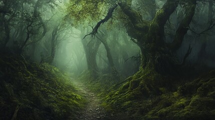 Mystical Forest Path - A foggy ancient forest with towering moss-covered trees and a narrow winding path leading deeper into the woods. 