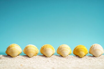 Obraz premium Seashells on Sandy Beach with Blue Sky Simple Summer Beach Concept
