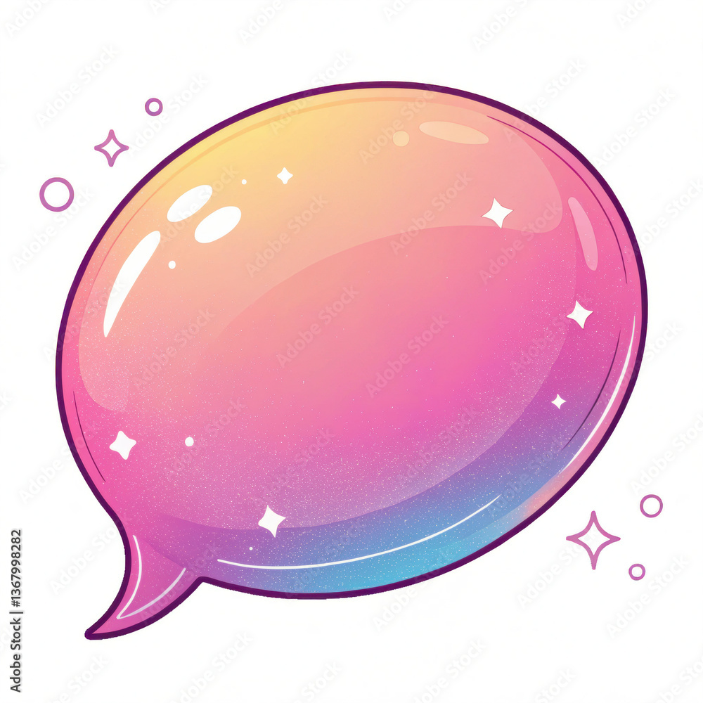 Poster a colorful speech bubble with a gradient effect, featuring a glossy finish and sparkling accents.