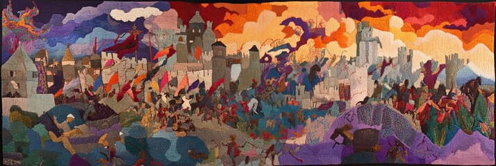 Fototapeta premium Battle scene tapestry vibrant colors medieval flair