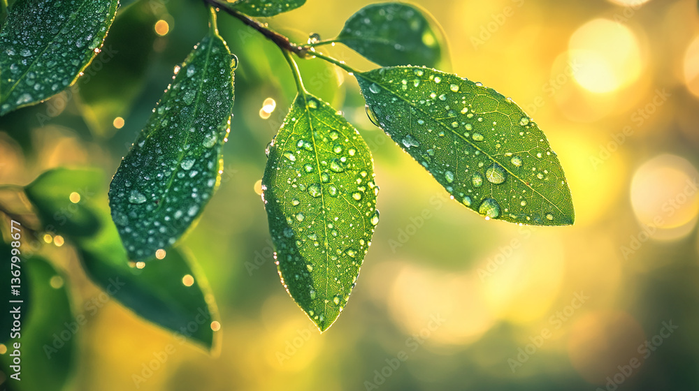 Poster close-up of green leaves covered in dew drops, illuminated by sunlight, creating a fresh and vibrant