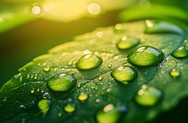Fototapeta premium Leaf with Water Droplets Sparkling in Sunlight Freshness and Natural Beauty