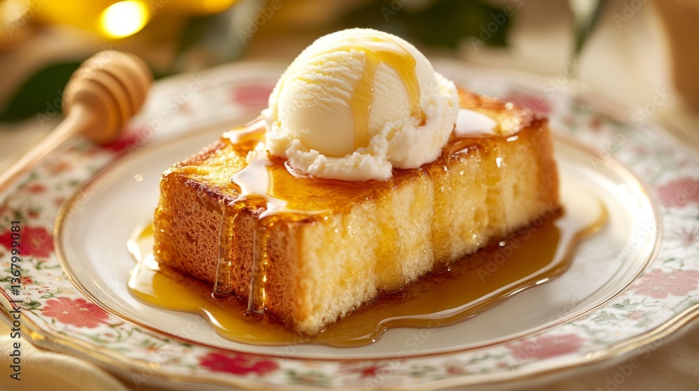 Poster an artistic arrangement of honey toast served on a patterned plate, with a scoop of ice cream meltin