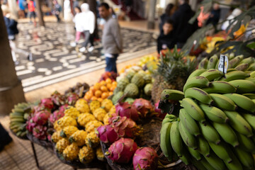 A fruit stall in a food market in Funchal Madeira - Mercado dos Lavradores