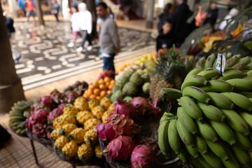 A fruit stall in a food market in Funchal Madeira - Mercado dos Lavradores