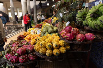 A fruit stall in a food market in Funchal Madeira - Mercado dos Lavradores