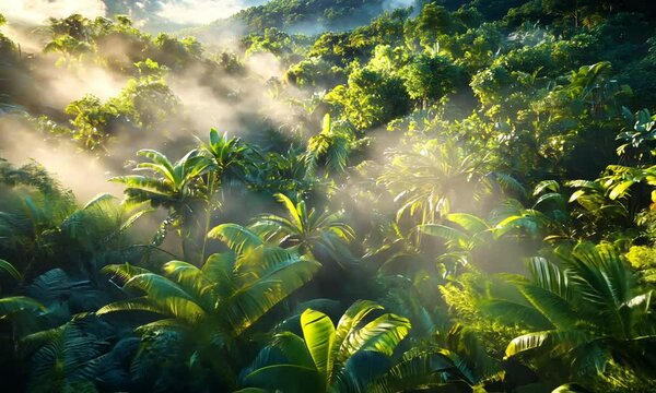 Vibrant jungle scene with lush green foliage