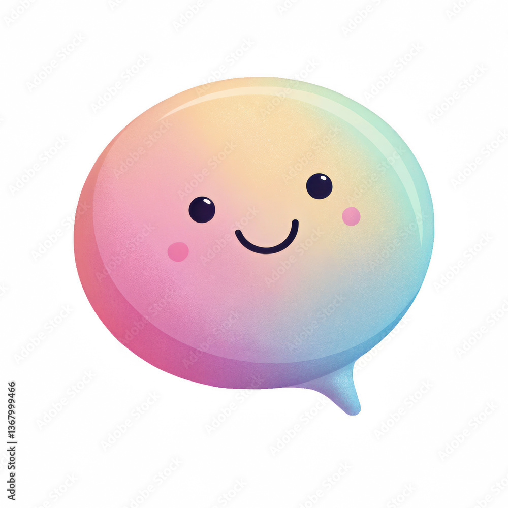 Poster a colorful, smiling character featuring a round shape with a gradient effect, exuding a cheerful and