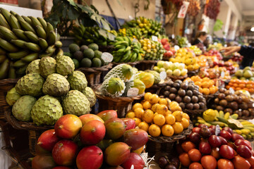 A fruit stall in a food market in Funchal Madeira - Mercado dos Lavradores
