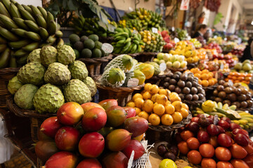 A fruit stall in a food market in Funchal Madeira - Mercado dos Lavradores