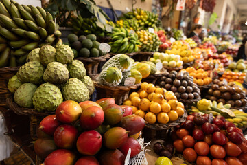 A fruit stall in a food market in Funchal Madeira - Mercado dos Lavradores