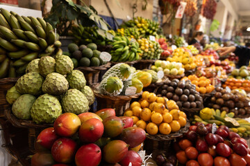 A fruit stall in a food market in Funchal Madeira - Mercado dos Lavradores