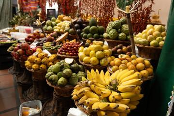 A fruit stall in a food market in Funchal Madeira - Mercado dos Lavradores