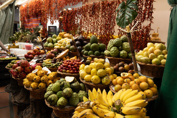 A fruit stall in a food market in Funchal Madeira - Mercado dos Lavradores