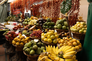 A fruit stall in a food market in Funchal Madeira - Mercado dos Lavradores