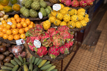 A fruit stall in a food market in Funchal Madeira - Mercado dos Lavradores