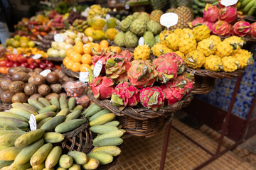 A fruit stall in a food market in Funchal Madeira - Mercado dos Lavradores