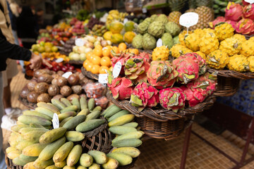 A fruit stall in a food market in Funchal Madeira - Mercado dos Lavradores